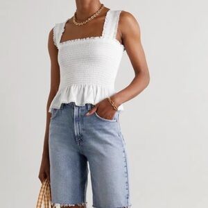 Reformation Oakleigh Lace-Trimmed Shirred Organic Cotton Poplin Top